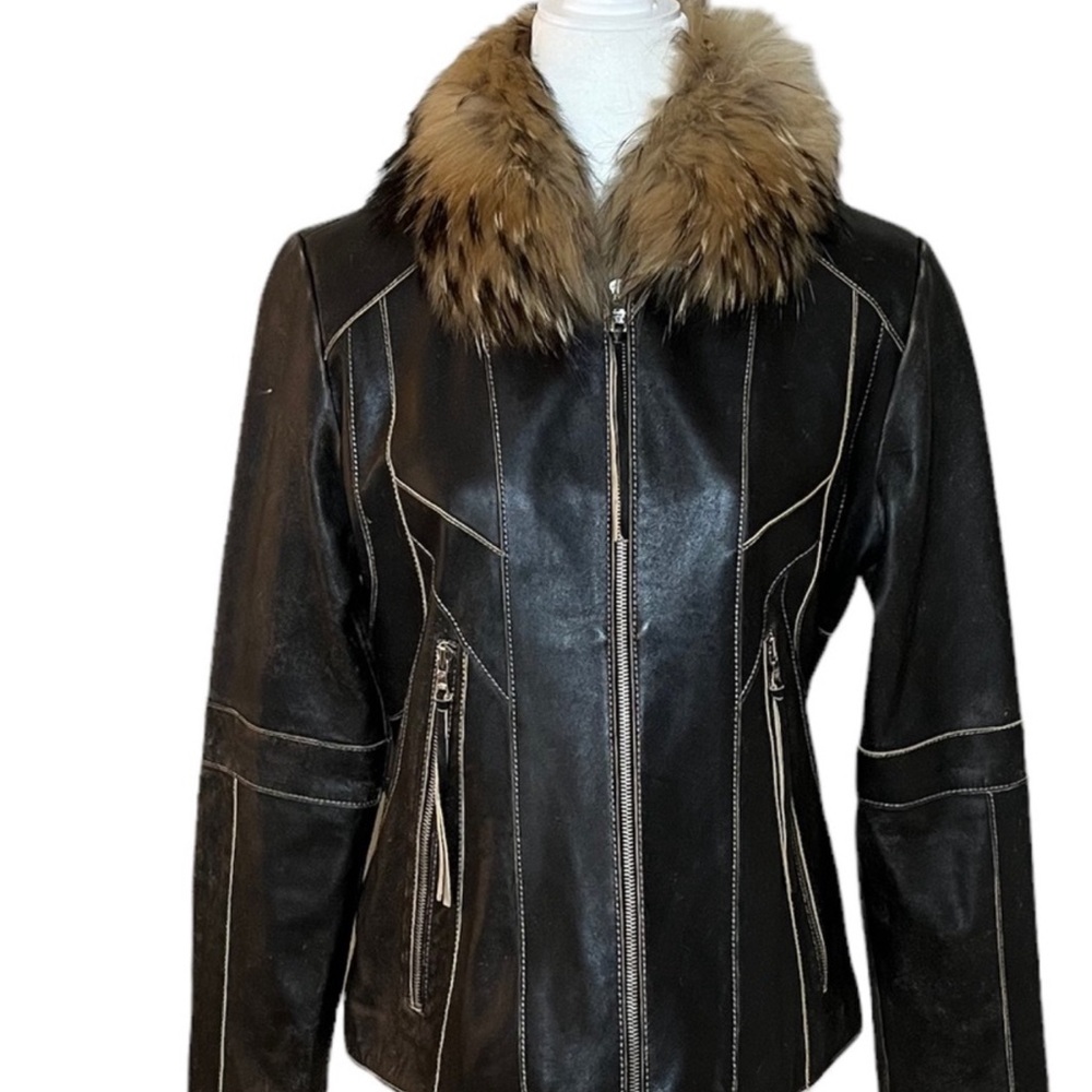 Andrew Marc Black Leather Jacket with Fur Collar